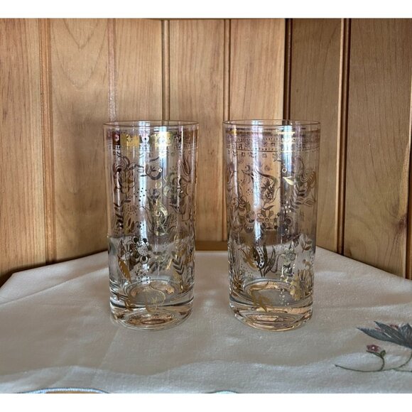 Vintage Clear Glass Georges Briard Tumblers Gold Floral Leaf MCM Set of 2 - Picture 1 of 5